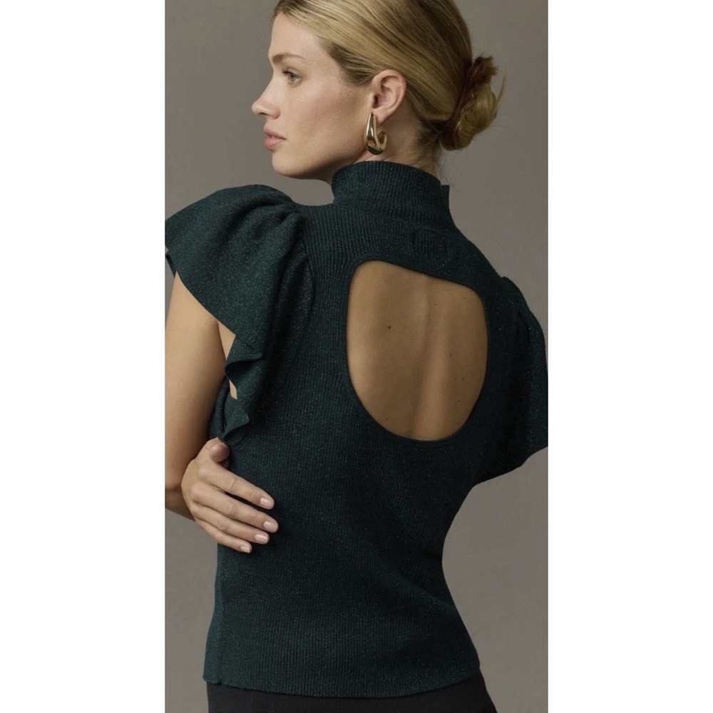 Anthropologie Maeve Sze Medium Flutter Sleeve Glitter Sweater Green Cut Out Back